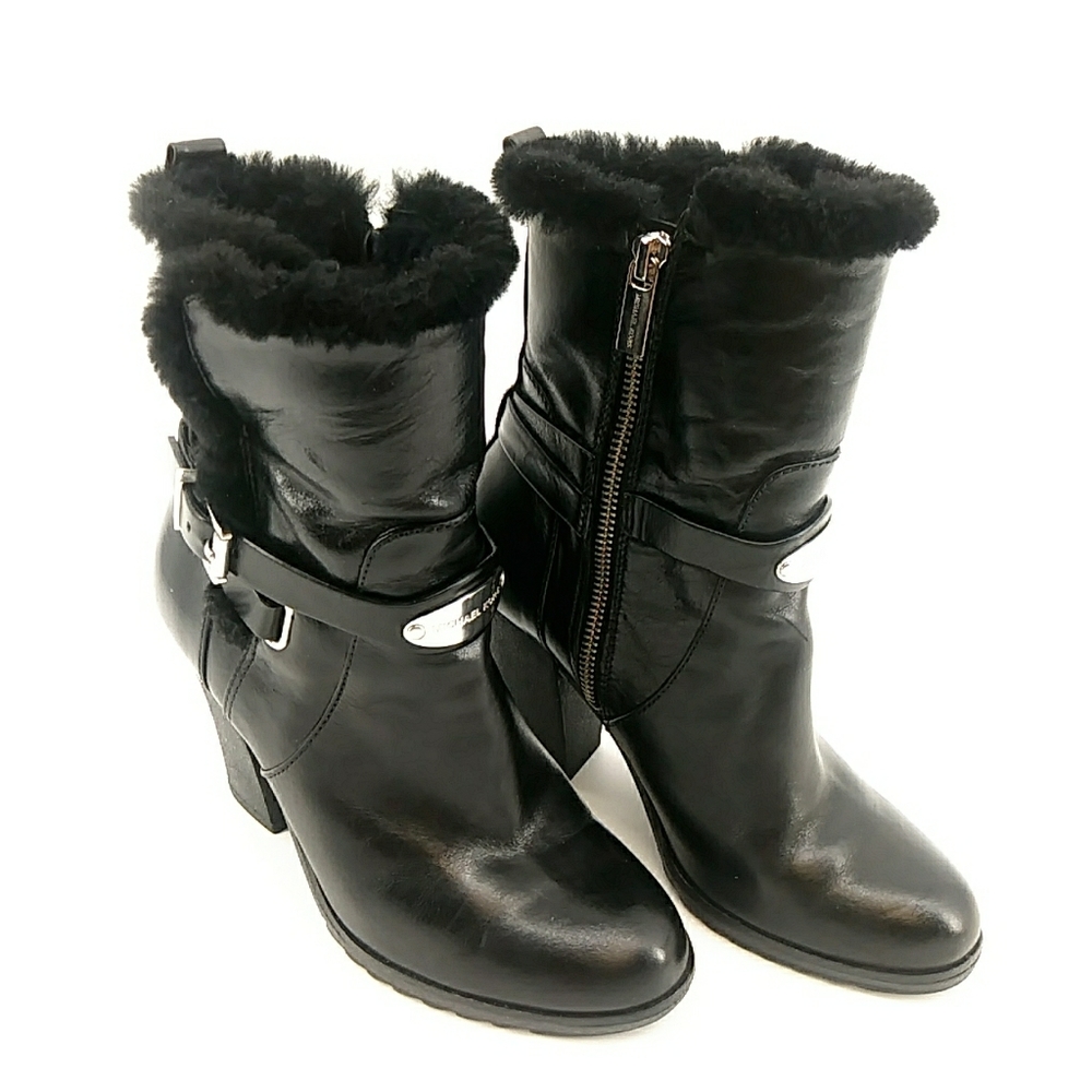 Michael Kors Leather Fur Trimmed Black Boots 6.5 M